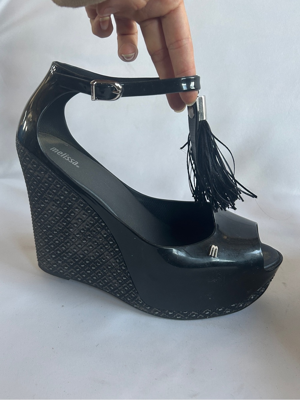 Melissa Black Wedge Sandals with Tassel Ankle Strap 2015